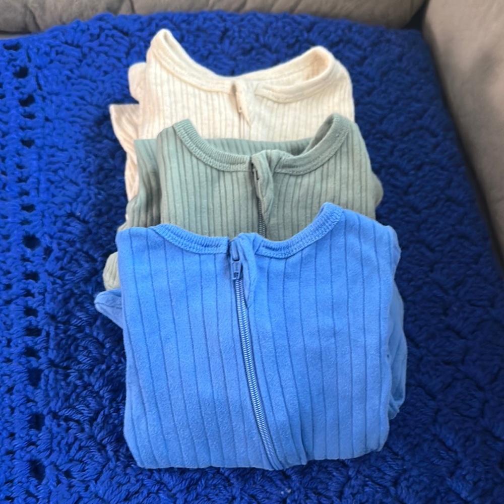 Set of Three Ribbed Baby Onesies - Blue, Green, Cream